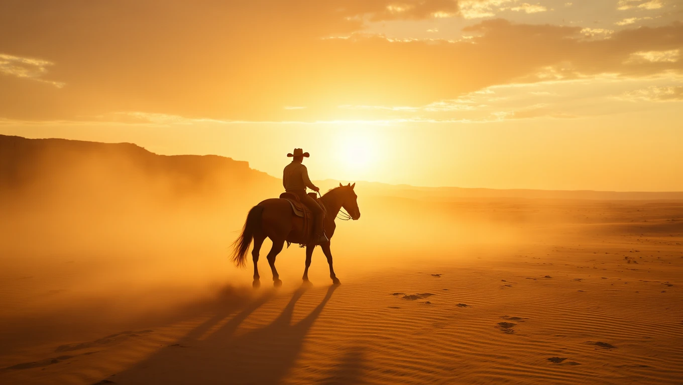 Un cowboy călare pe un cal, traversând un peisaj deșertic la apus, simbolizând libertatea și aventura.