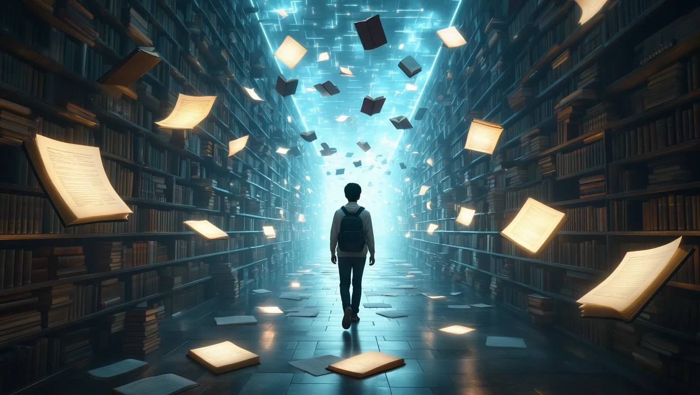 Un tânăr se află într-o bibliotecă vastă, înconjurat de cărți care plutesc în aer, simbolizând cunoașterea și provocările vieții.