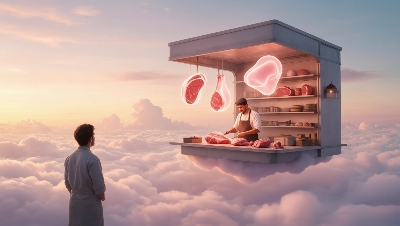 Un măcelar lucrează la un stand plutitor în nori, înconjurat de carne proaspătă.