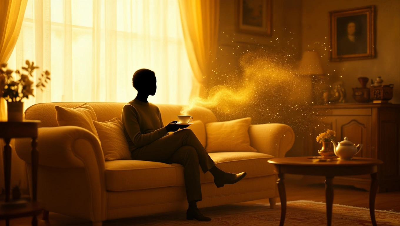 O persoană meditând pe o canapea, ținând o ceașcă de ceai, înconjurată de o atmosferă caldă și visătoare.