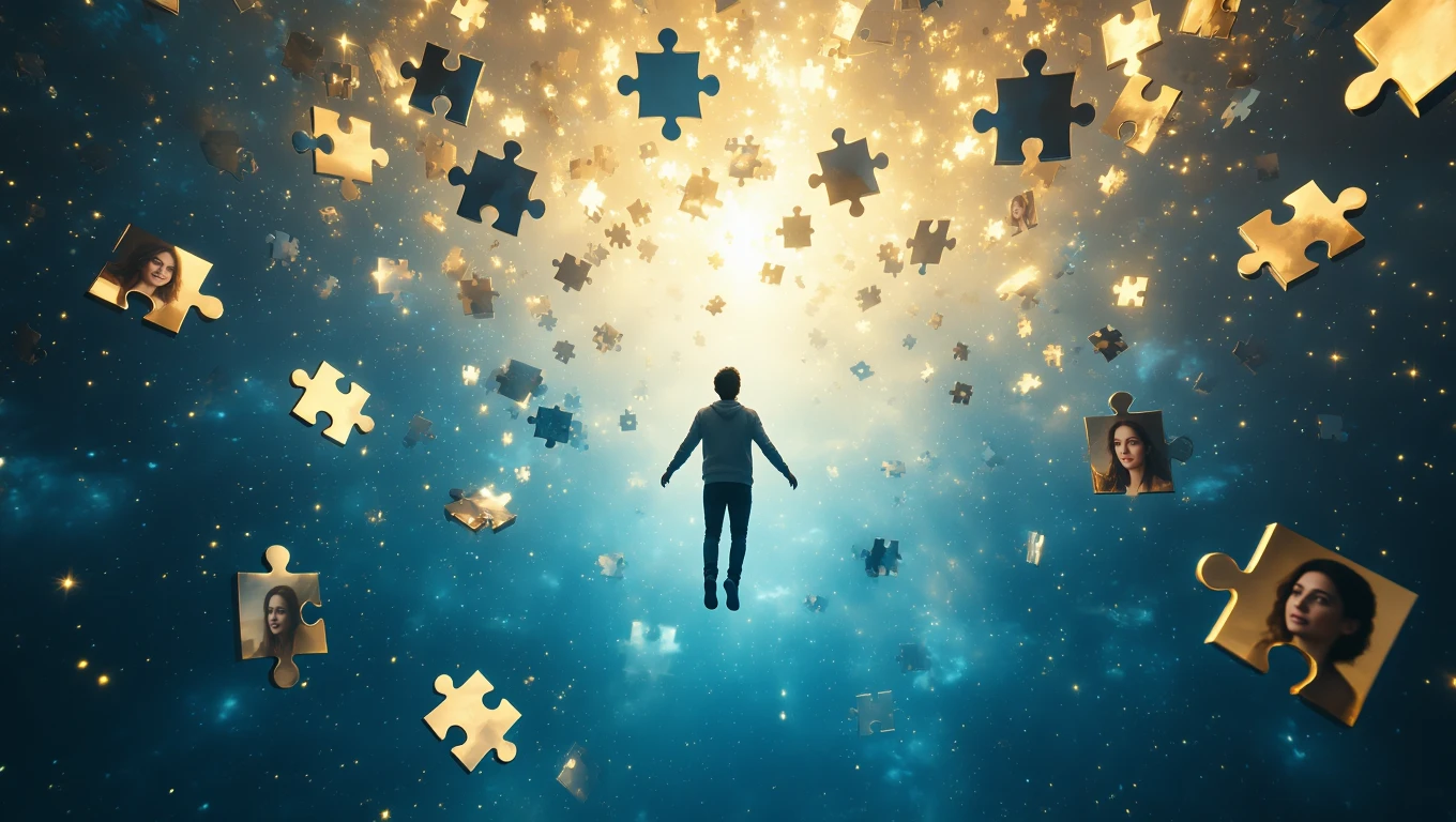 Un bărbat plutește printre piese de puzzle strălucitoare, simbolizând căutarea înțelegerii în vis.