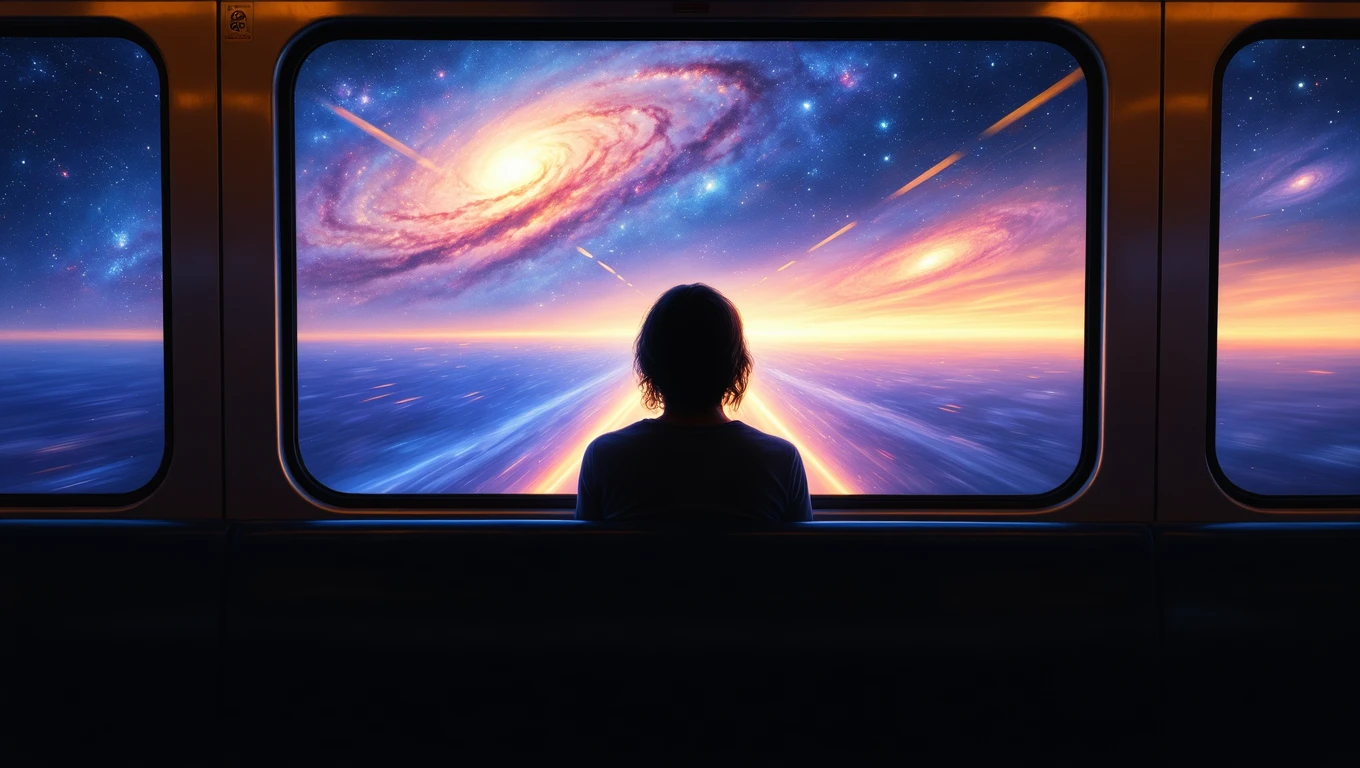 O persoană stă pe un scaun într-un tren, privind pe fereastră spre un peisaj cosmic plin de galaxii și culori vibrante.
