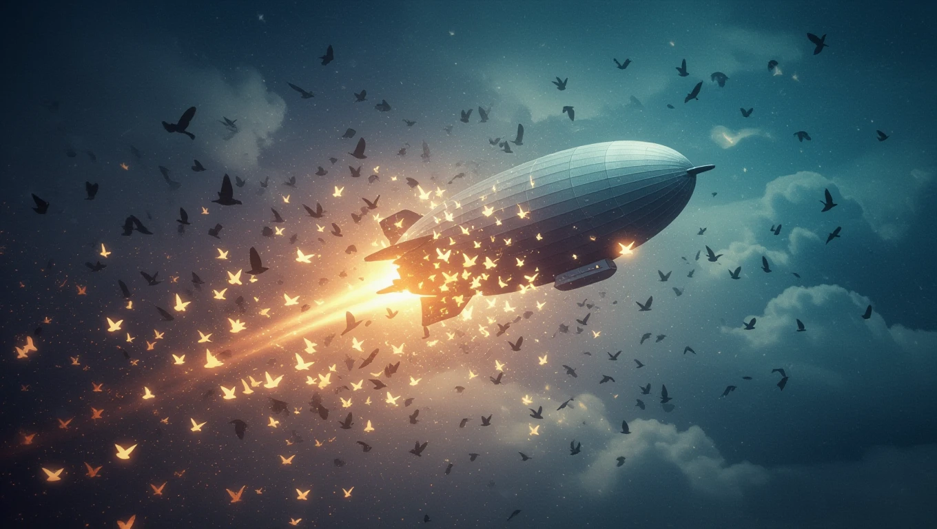 Un zeppelin zburând printre nori, înconjurat de păsări, simbolizând aspirații și libertate.