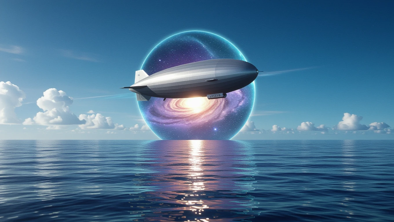 Un zeppelin plutește pe un ocean liniștit, înconjurat de nori, cu un portal cosmic în fundal.