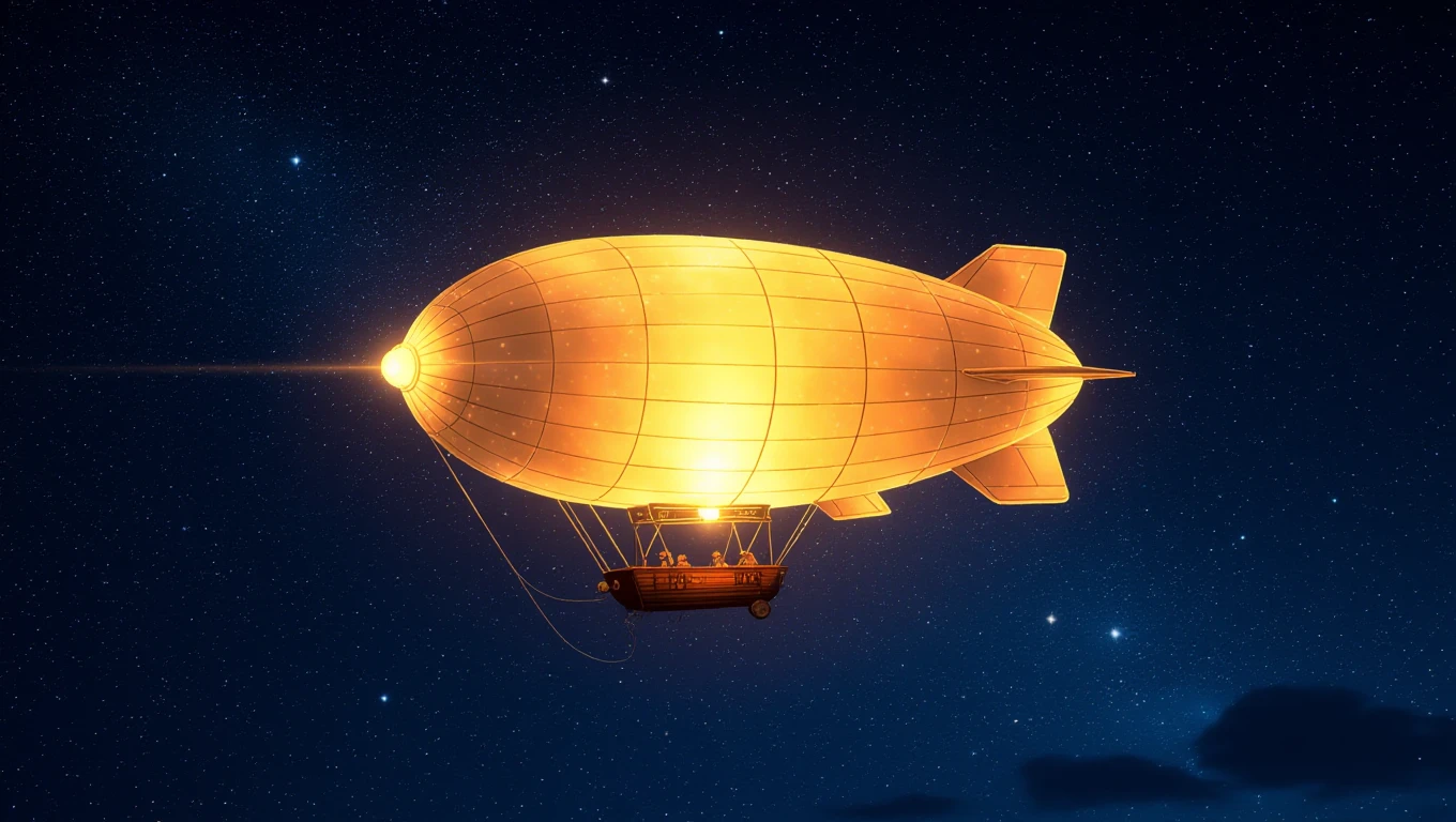Un zeppelin strălucitor plutește pe cerul înstelat, simbolizând aspirații și libertate.