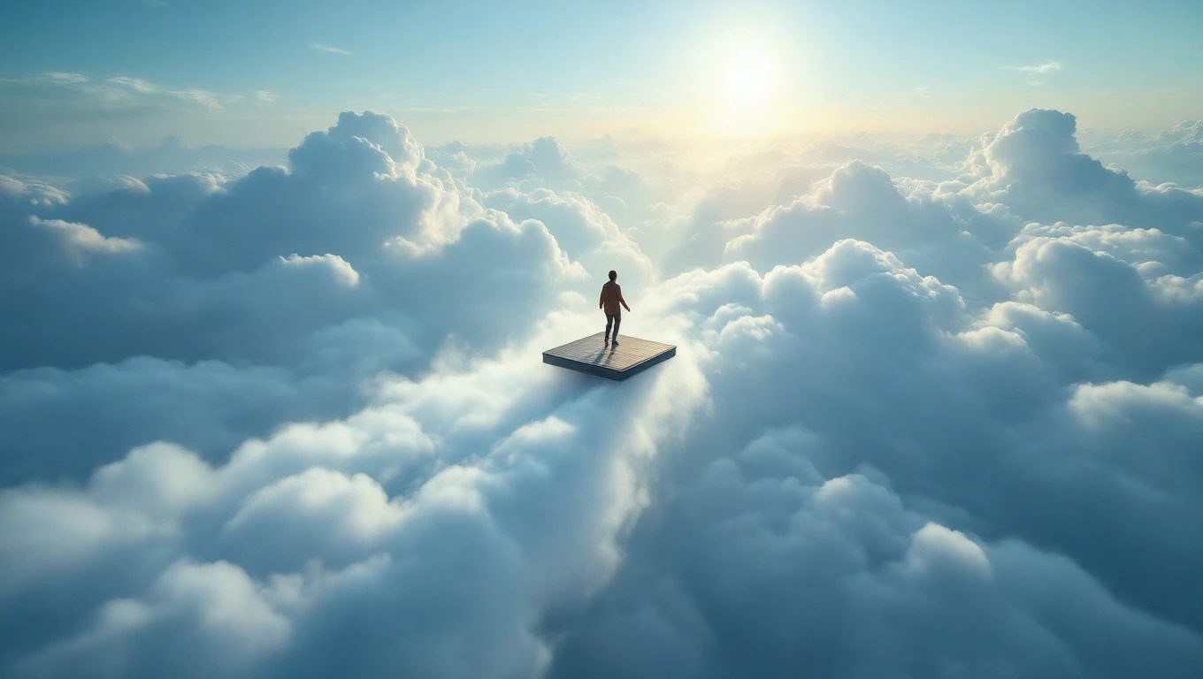 O persoană stă pe o platformă în mijlocul norilor, contemplând cerul senin și lumina soarelui.