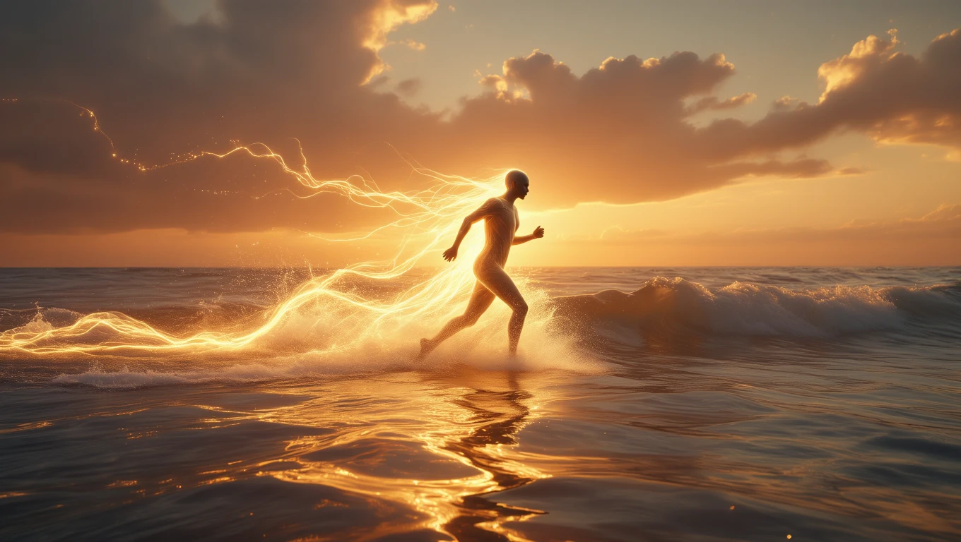 O siluetă umană aleargă pe apă, emanând lumini strălucitoare, simbolizând viteză și progres.