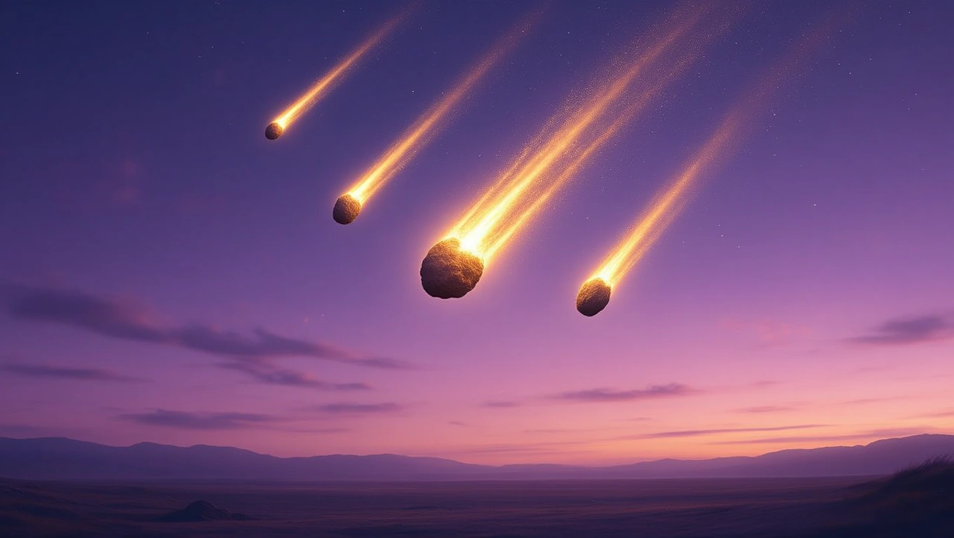 Imagine cu asteroizi care cad pe un fundal de apus, simbolizând schimbări majore în viață.