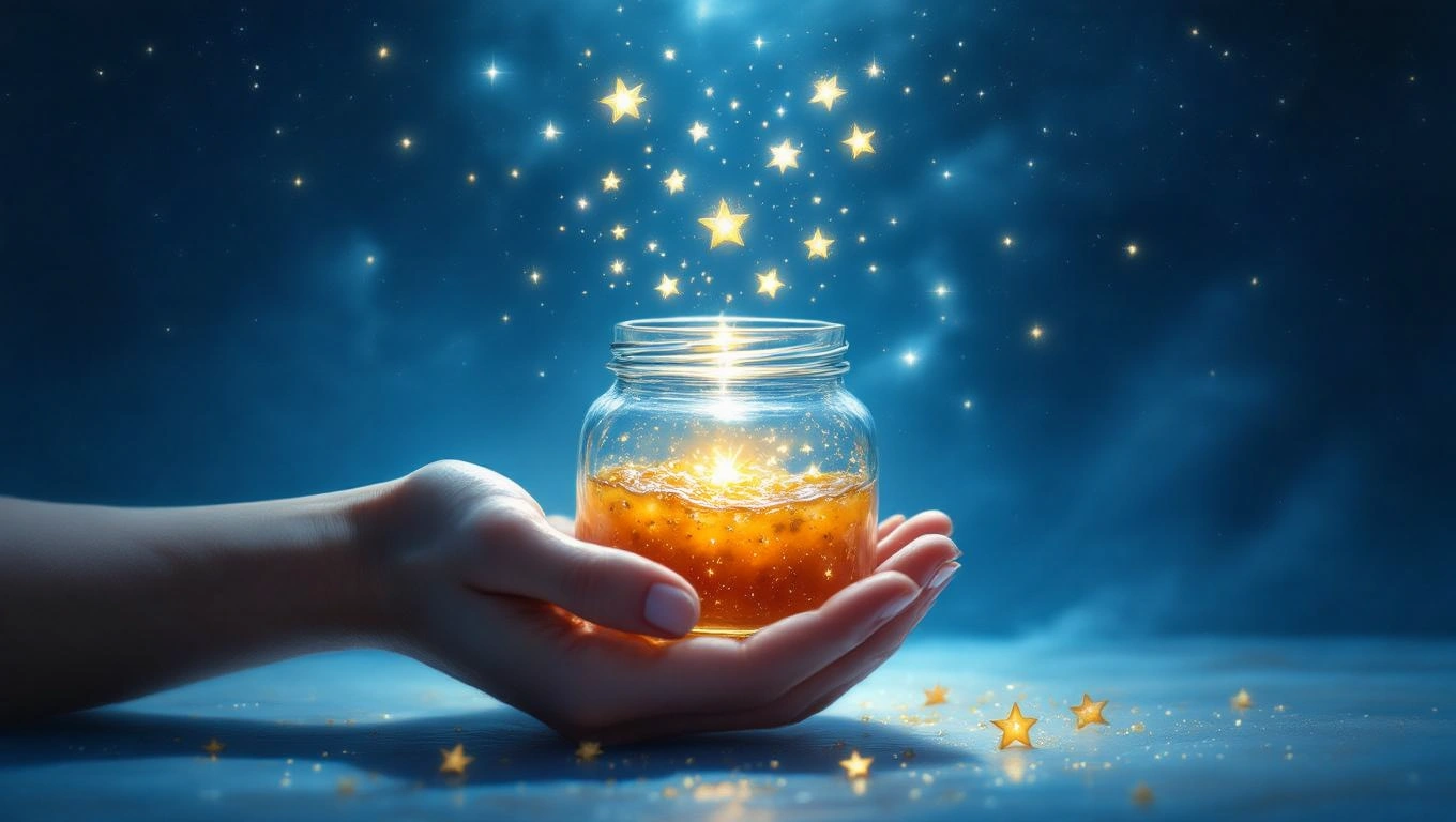 O mână ține un borcan din care ies stele strălucitoare, simbolizând amintiri și dorințe.