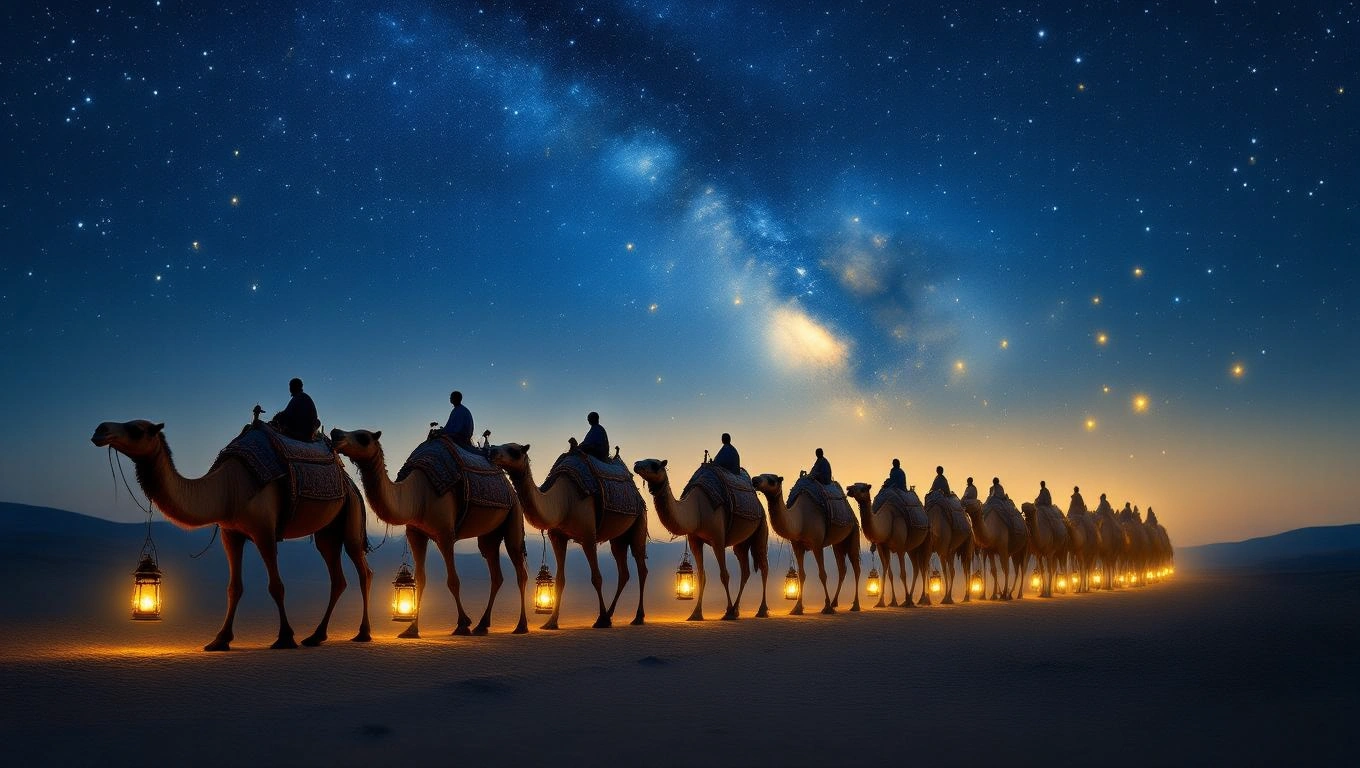 O caravană de cămile călătorind sub cerul înstelat, simbolizând aventură și explorare.