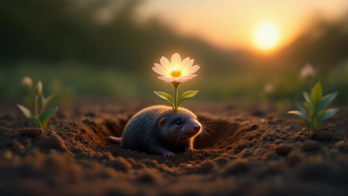 O cârtiță cu o floare care crește din cap, simbolizând descoperirea adevărurilor ascunse.