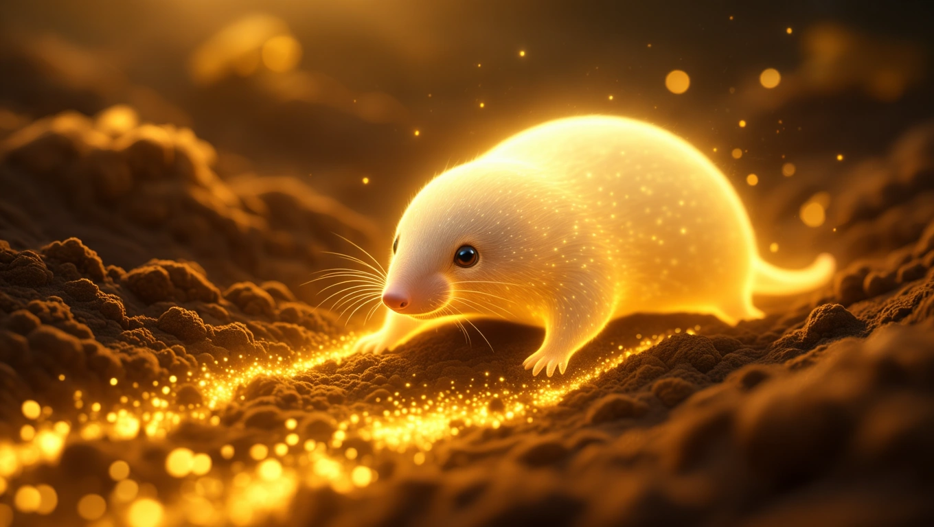 O cârtiță luminoasă se deplasează pe un teren moale, lăsând în urmă o dâră strălucitoare de aur.