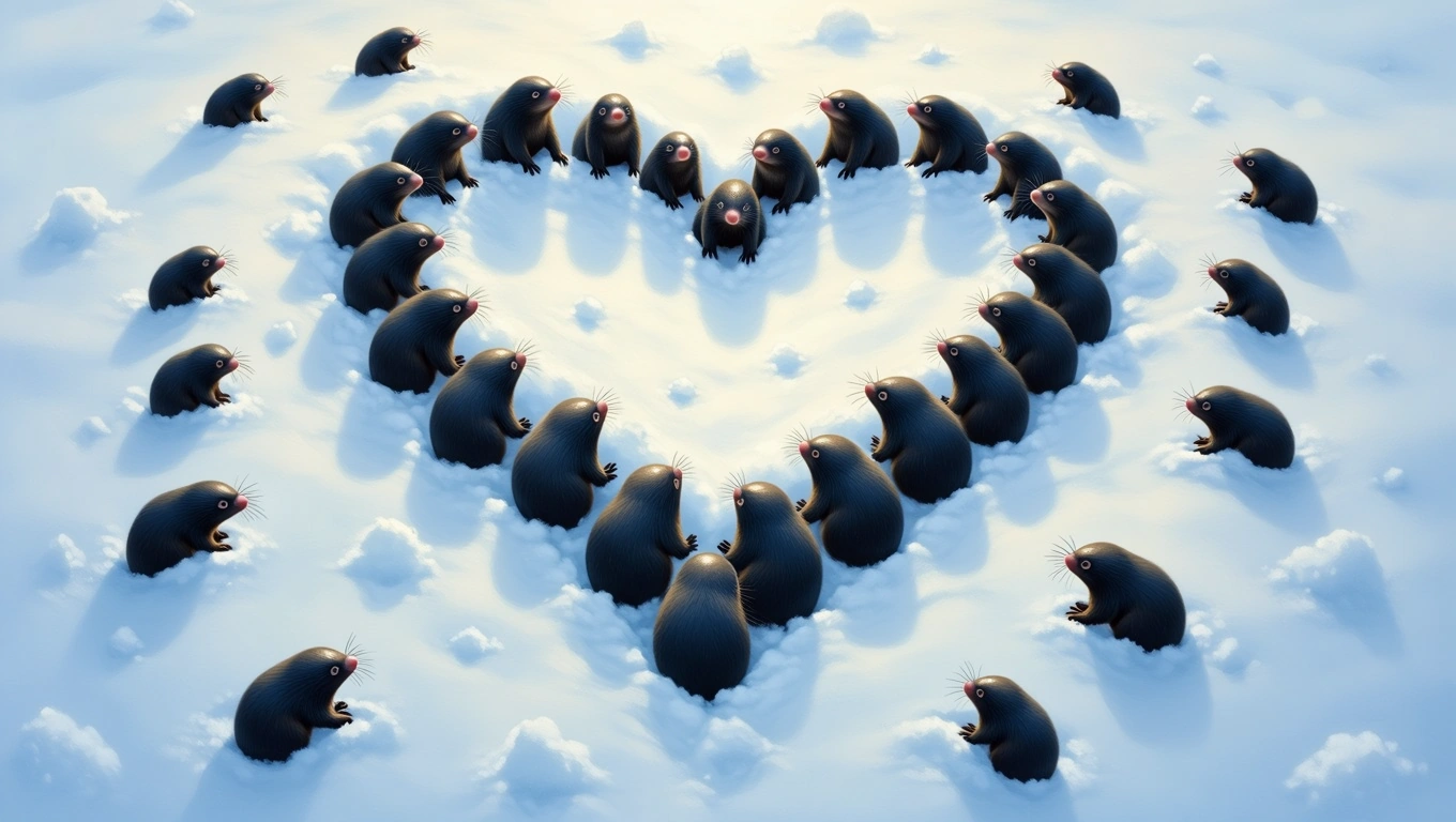 Un grup de cârtițe se adună în zăpadă, formând un inel în formă de inimă, simbolizând legături și descoperiri interioare.