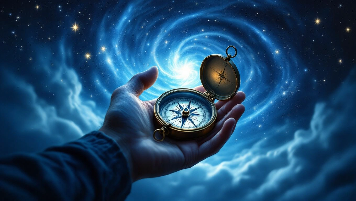 O mână ține o busolă strălucitoare, înconjurată de un cer stelar și nori misterioși, simbolizând căutarea soluțiilor în vise.
