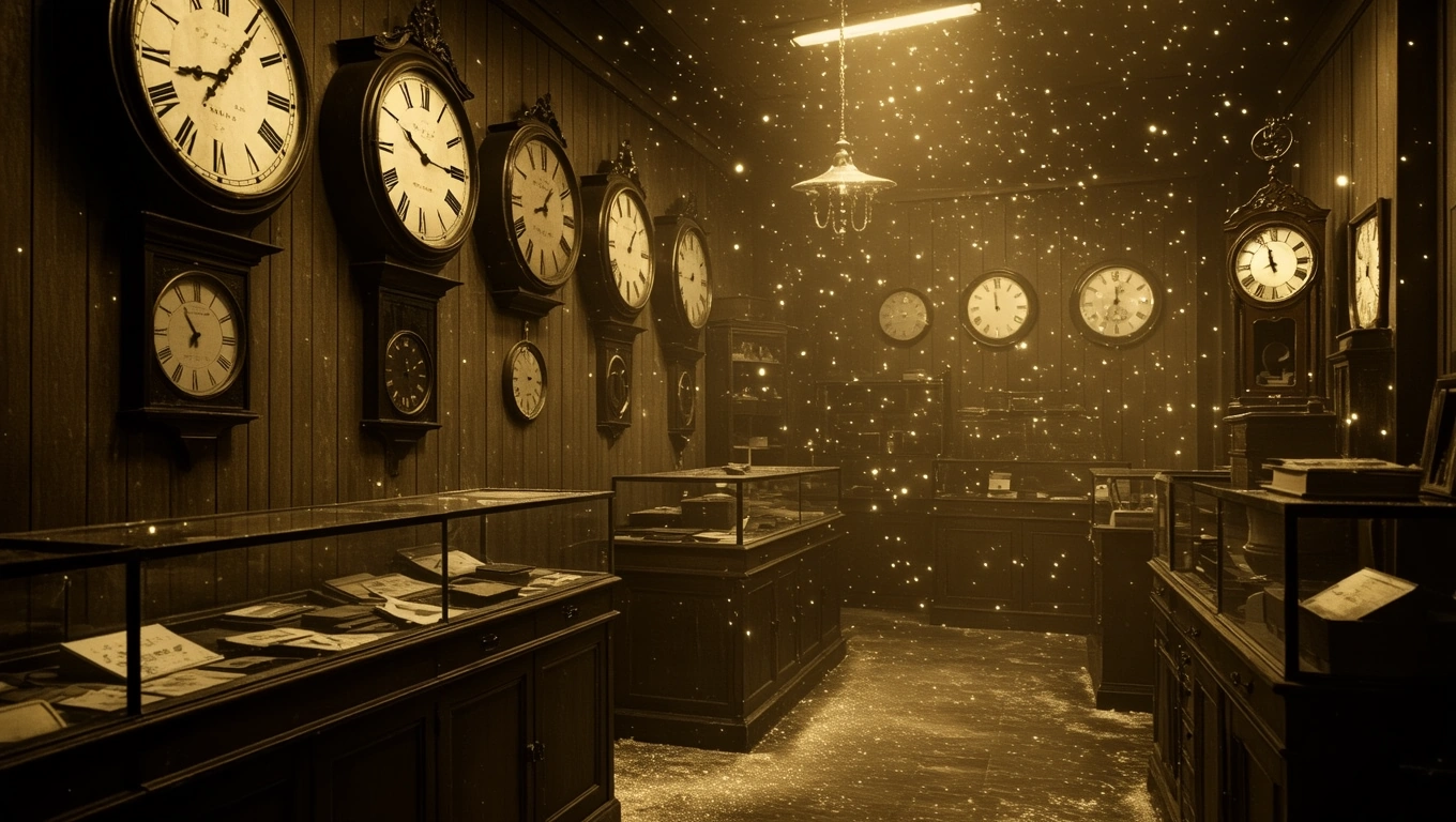 O încăpere întunecată cu pereți din lemn, plină de ceasuri vechi și praf strălucitor în aer.