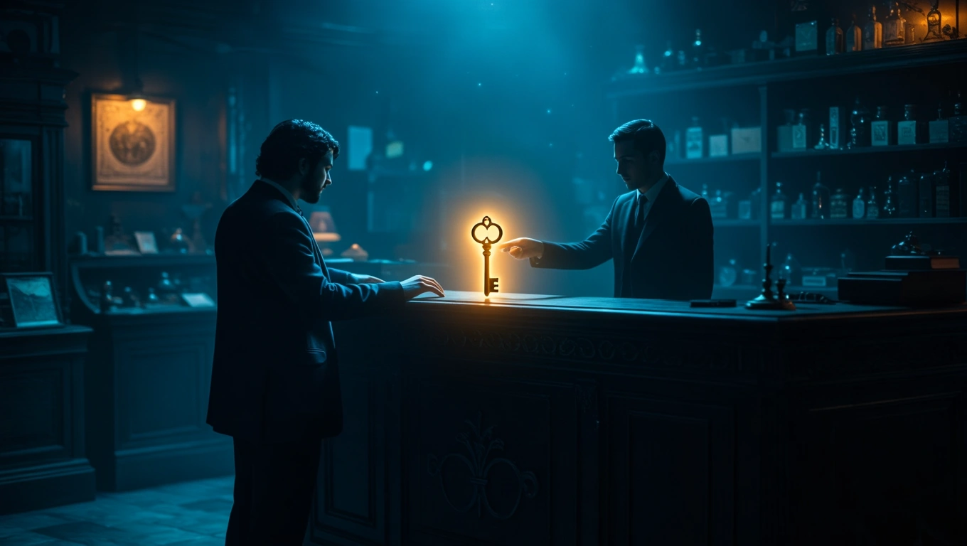 Un bărbat stă în fața unui birou, observând o cheie strălucitoare, simbolizând descoperirea valorilor ascunse în vise.