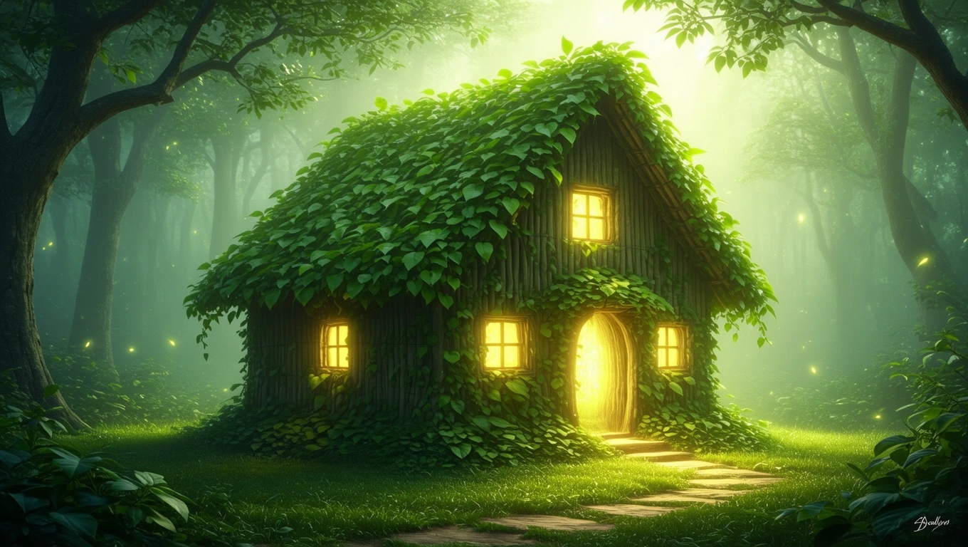O colibă acoperită cu iarbă și plante, strălucind în lumina blândă a pădurii.