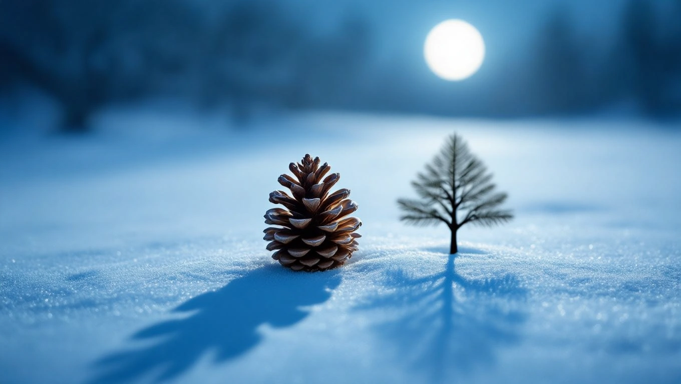 Un con de brad așezat pe zăpadă, cu o umbră distinctă și un copac mic în fundal, simbolizând speranța și renașterea.