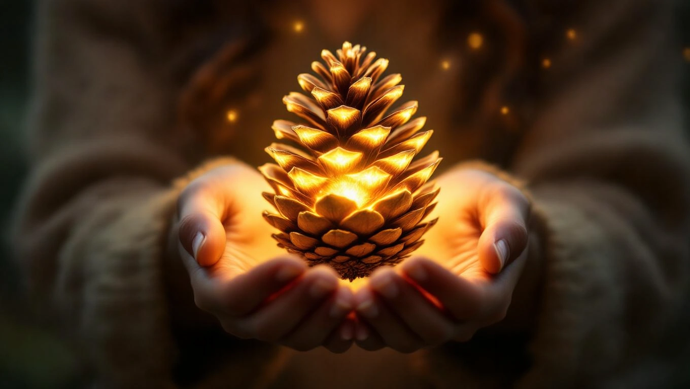 O mână care ține un con de brad strălucitor, simbolizând speranța și renașterea.