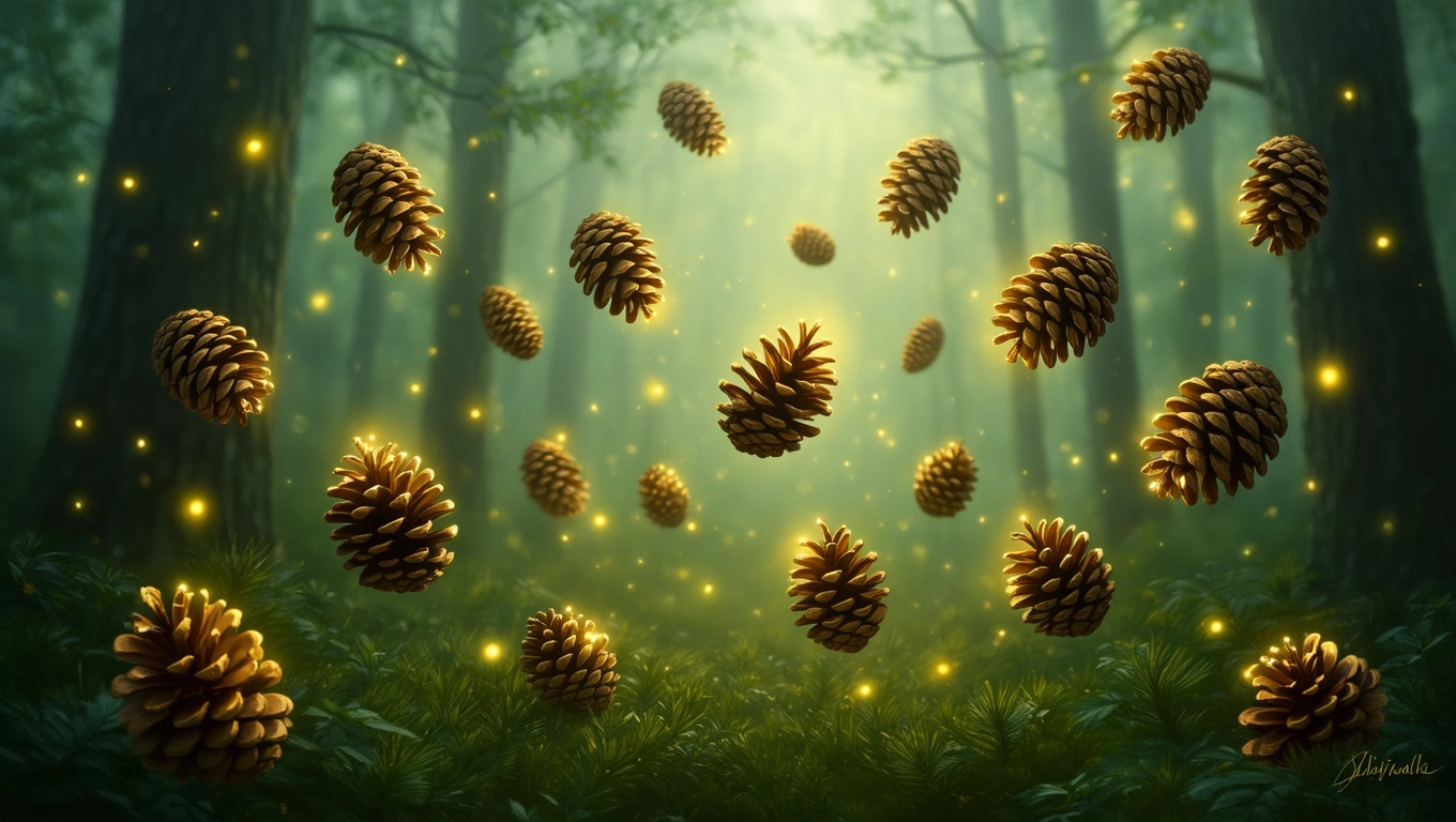 Imaginea prezintă conuri de brad suspendate în aer, înconjurate de o atmosferă misterioasă, cu lumini strălucitoare în pădure.