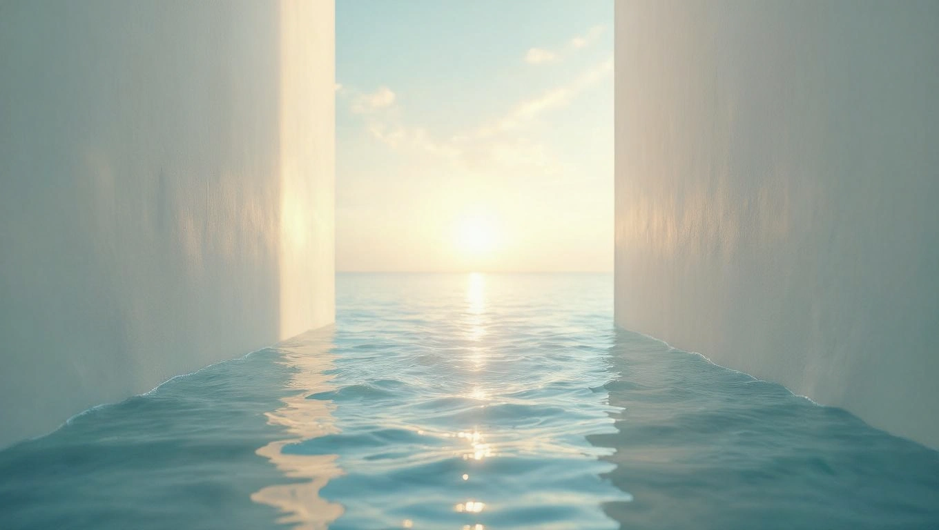 Un coridor luminos care se deschide spre un peisaj marin, simbolizând tranziția și noi oportunități în viață.