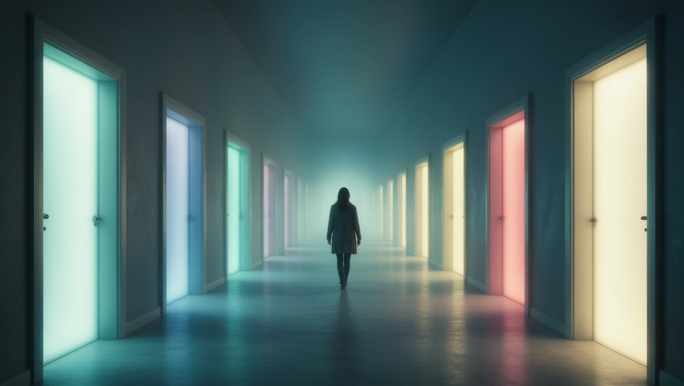 O persoană stă în fața unui coridor lung, cu uși colorate, simbolizând alegeri și tranziții în viață.