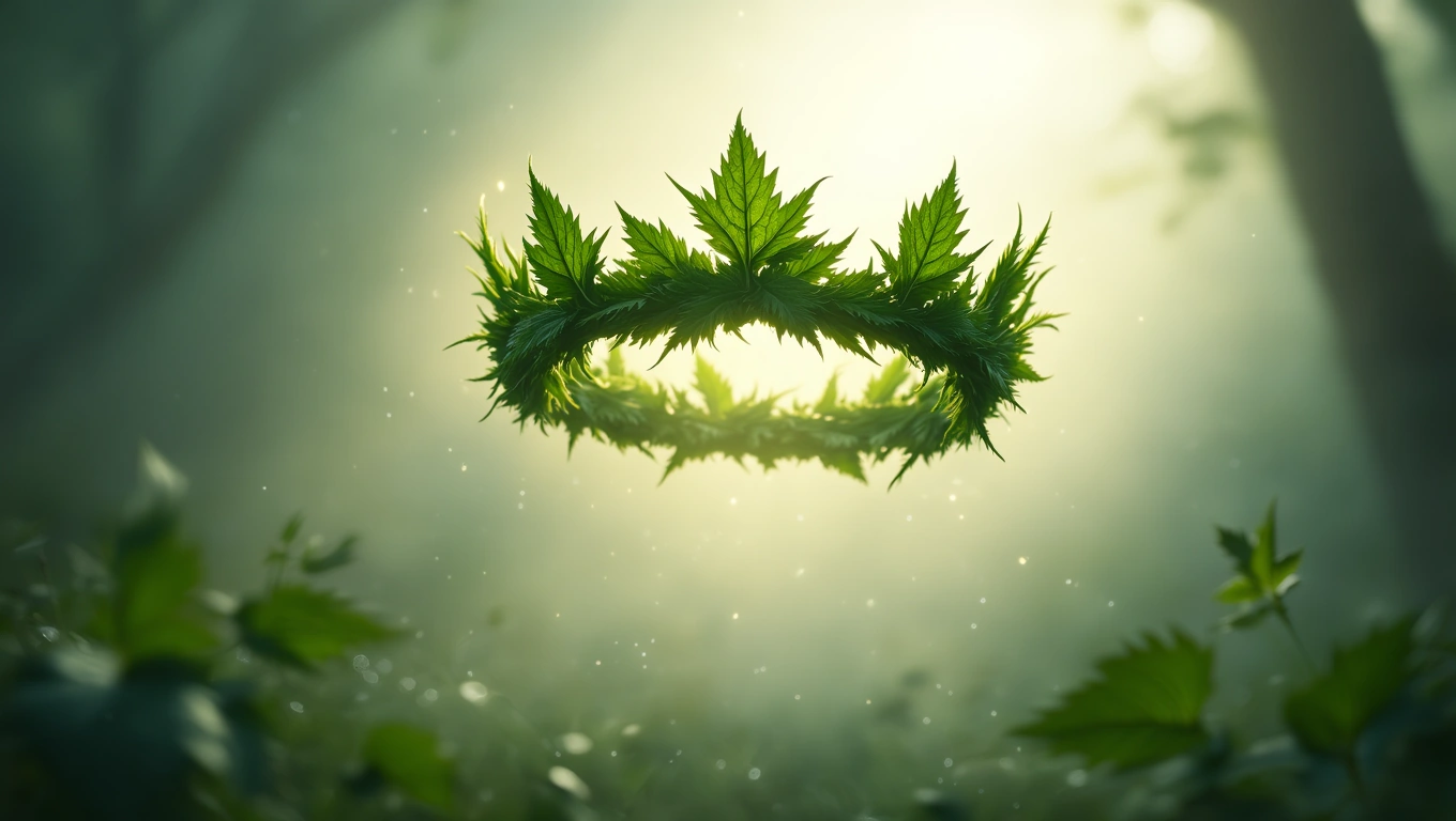 O coroană din urzici strălucește în lumina blândă a pădurii, simbolizând puterea transformării dificultăților în oportunități.