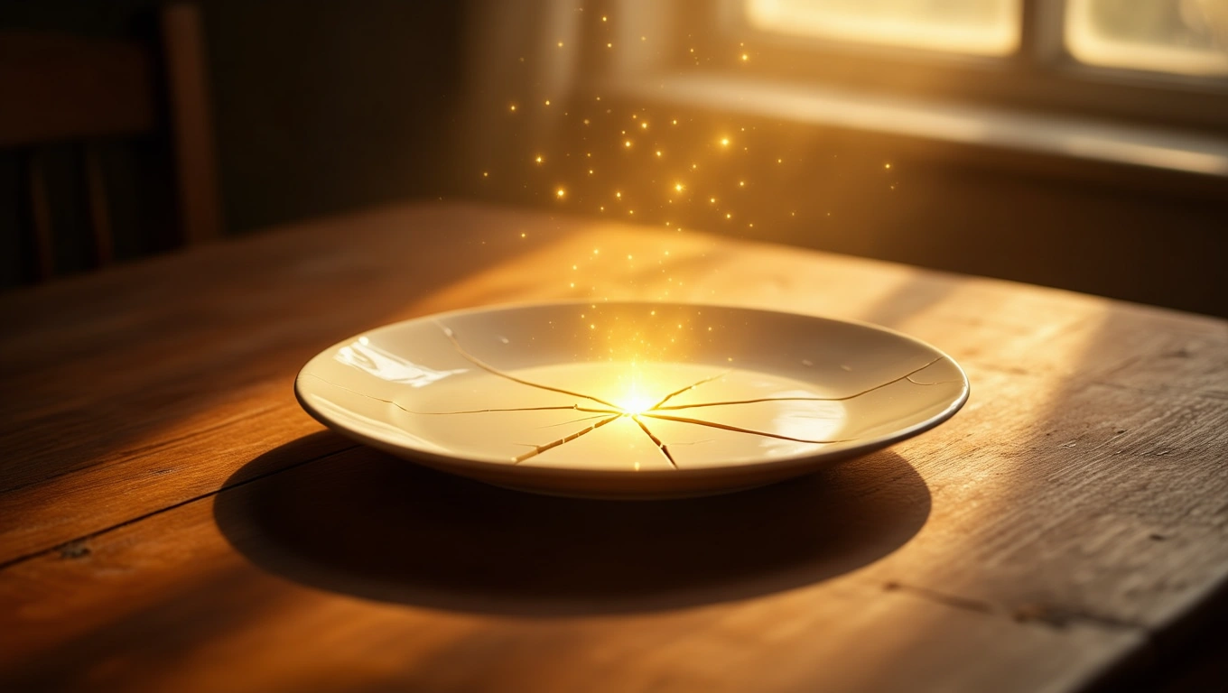 O farfurie crăpată pe o masă din lemn, emanând o lumină strălucitoare.