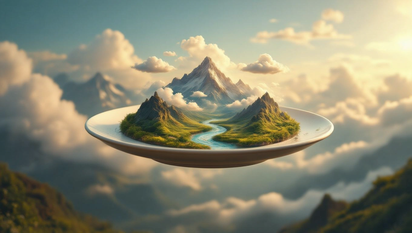 O farfurie albă cu un peisaj montan, simbolizând oportunități și hrană spirituală.