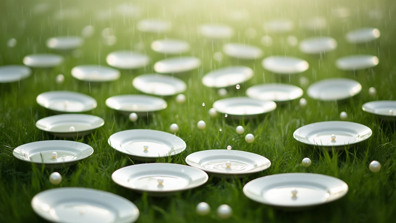O serie de farfurii albe așezate pe iarbă, cu perle strălucitoare, în ploaie.
