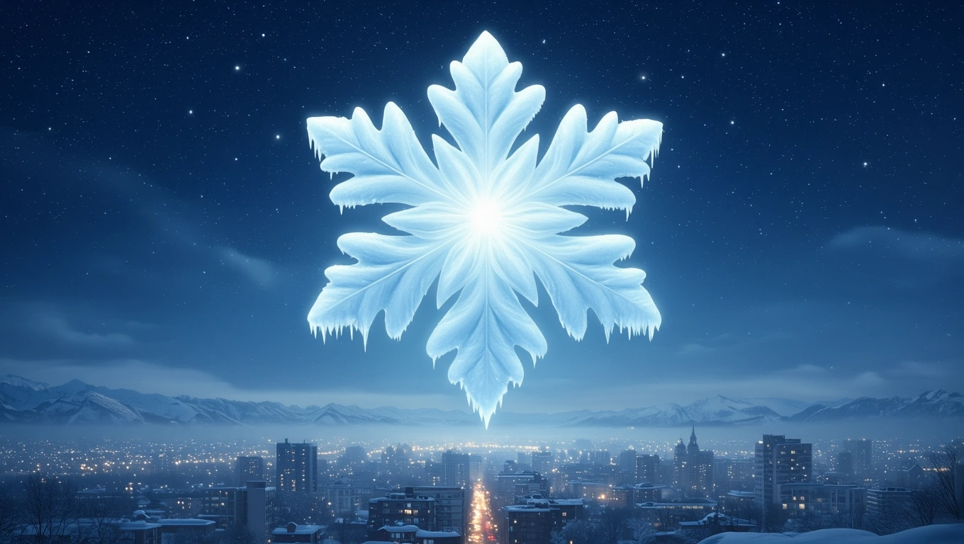 O floare de gheață strălucitoare, suspendată deasupra unui oraș acoperit de zăpadă, simbolizând frumusețea și renașterea în momente dificile.