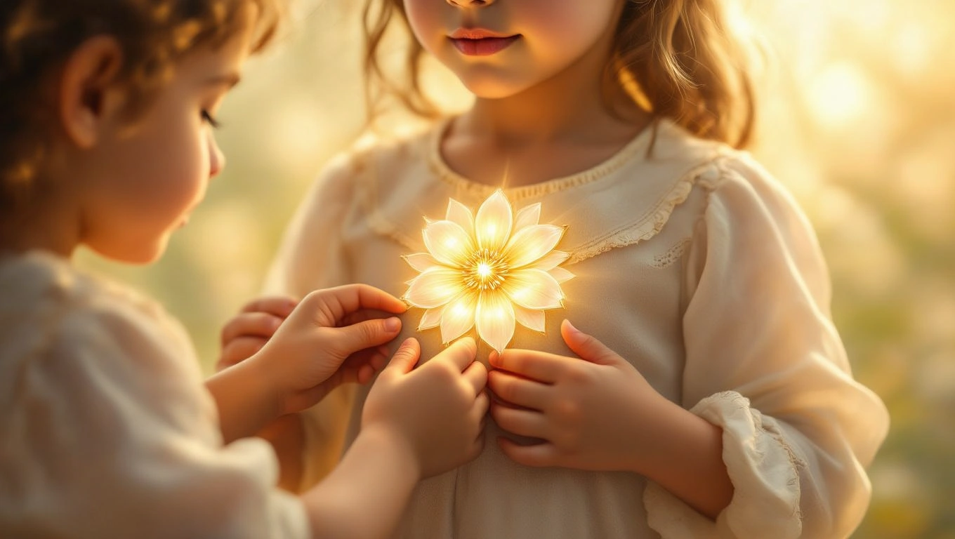 Două fetițe se uită cu uimire la o floare strălucitoare, simbolizând recunoașterea și identitatea.