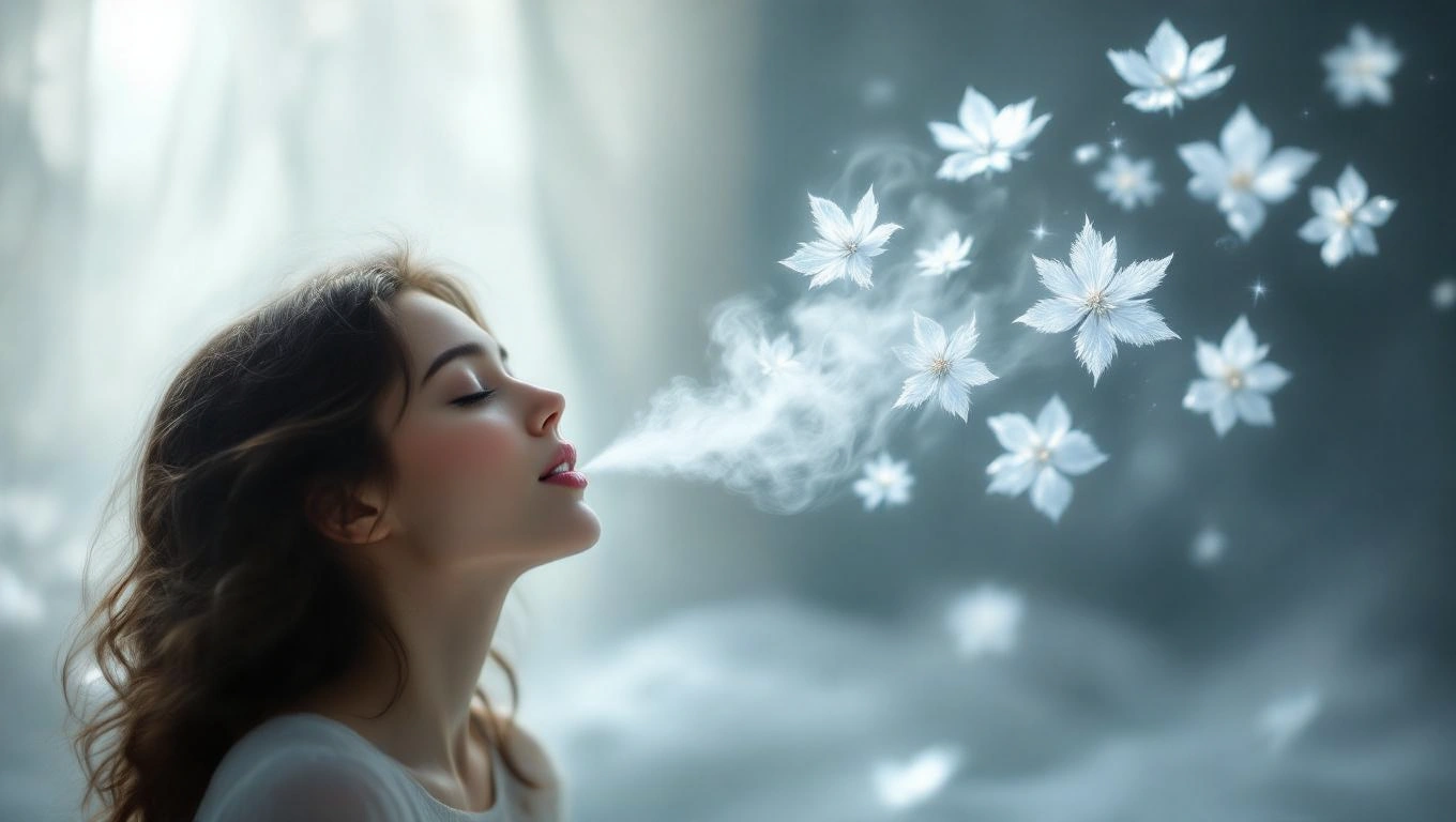 O tânără cu părul ondulat expiră aburi, înconjurată de flori de gheață care plutesc în aer.