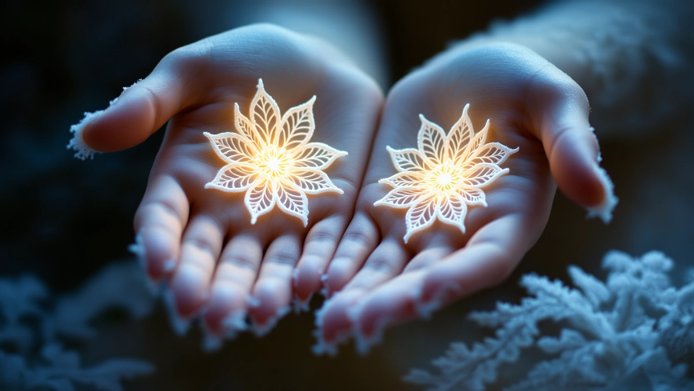 Două flori de gheață strălucitoare ținute în palmele unei persoane, simbolizând frumusețea și renașterea.