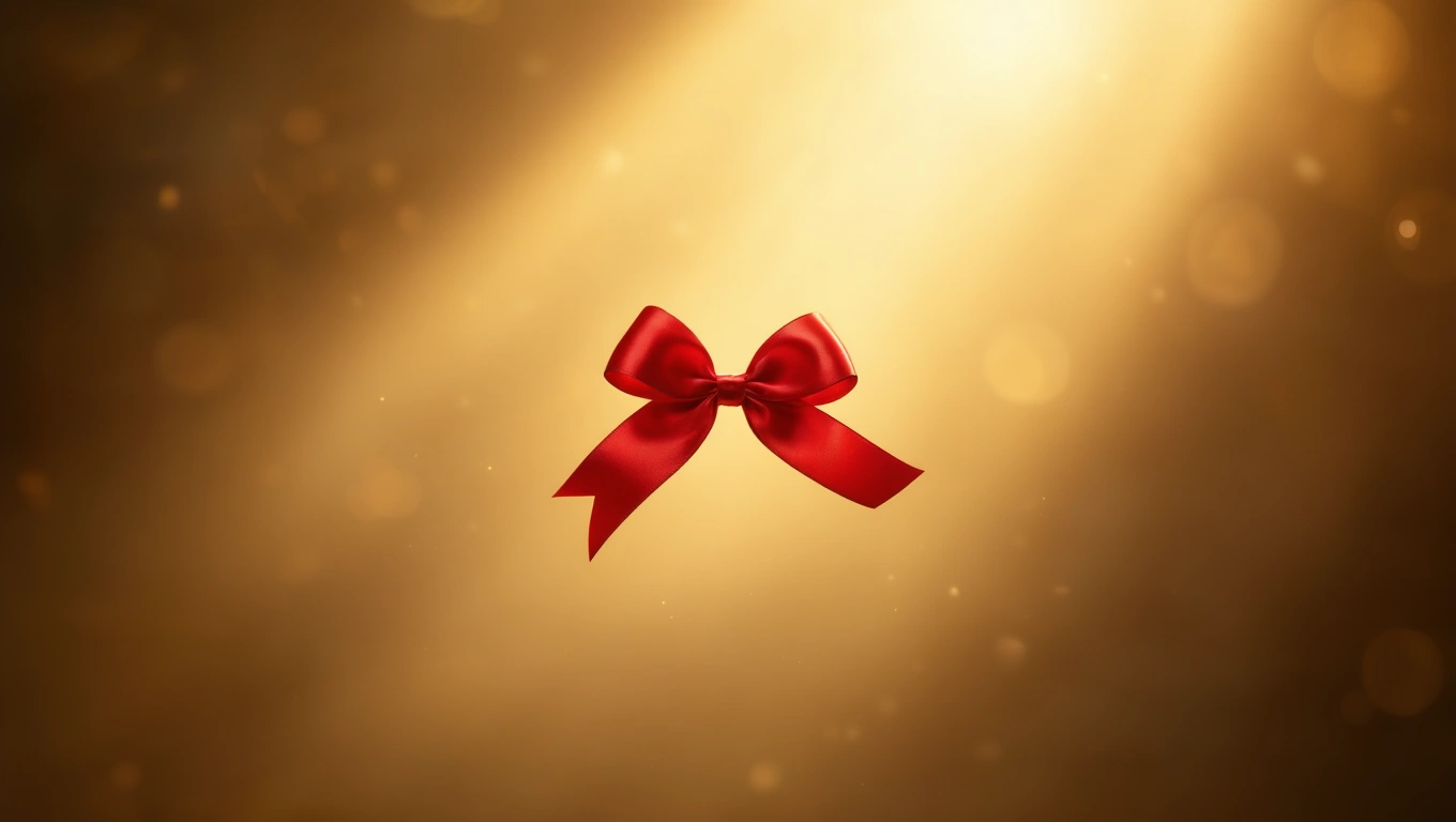 O fundiță roșie strălucitoare pe un fundal auriu, simbolizând eleganța și frumusețea.