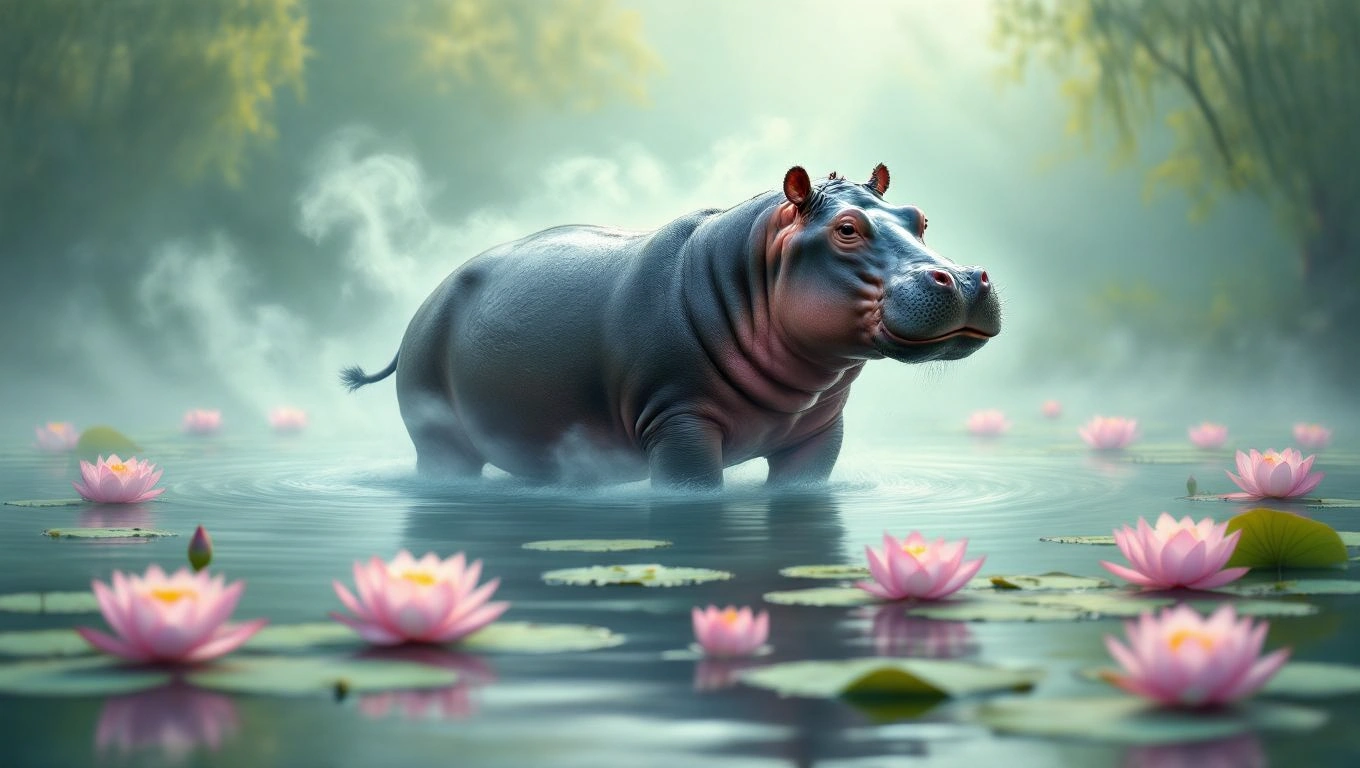 Un hipopotam stă în apă, înconjurat de flori de lotus, simbolizând puterea interioară și emoțiile ascunse.