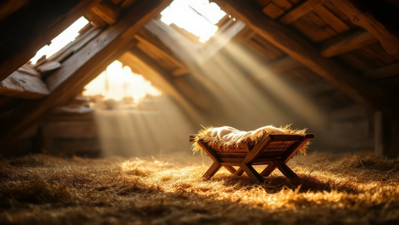 O iesle din lemn, acoperită cu fân, iluminată de razele soarelui într-un mediu rustic.