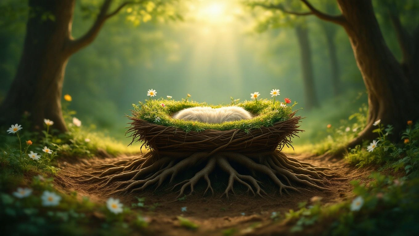 O iesle din crengi, înconjurată de flori și iarbă verde, simbolizând începuturi și protecție.