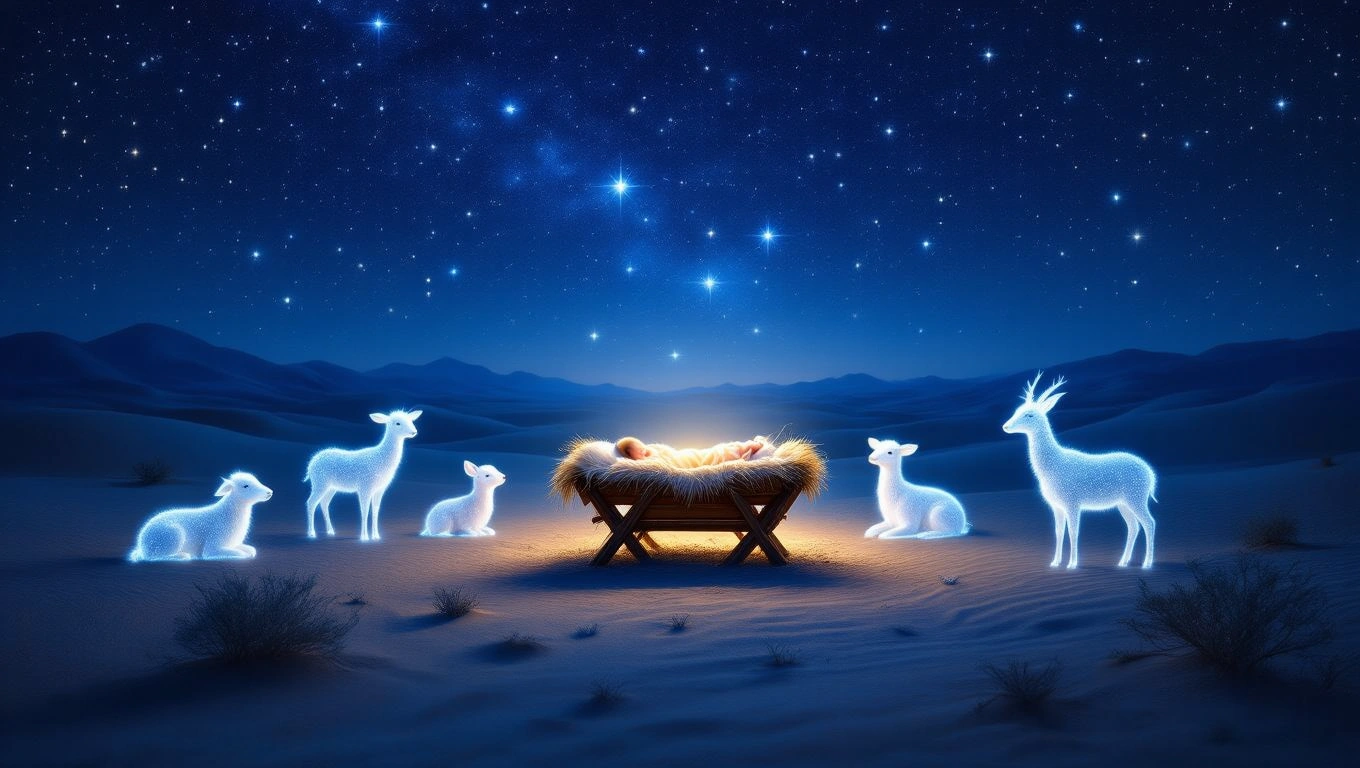 O iesle strălucitoare în mijlocul unui peisaj de noapte, înconjurată de animale luminoase.