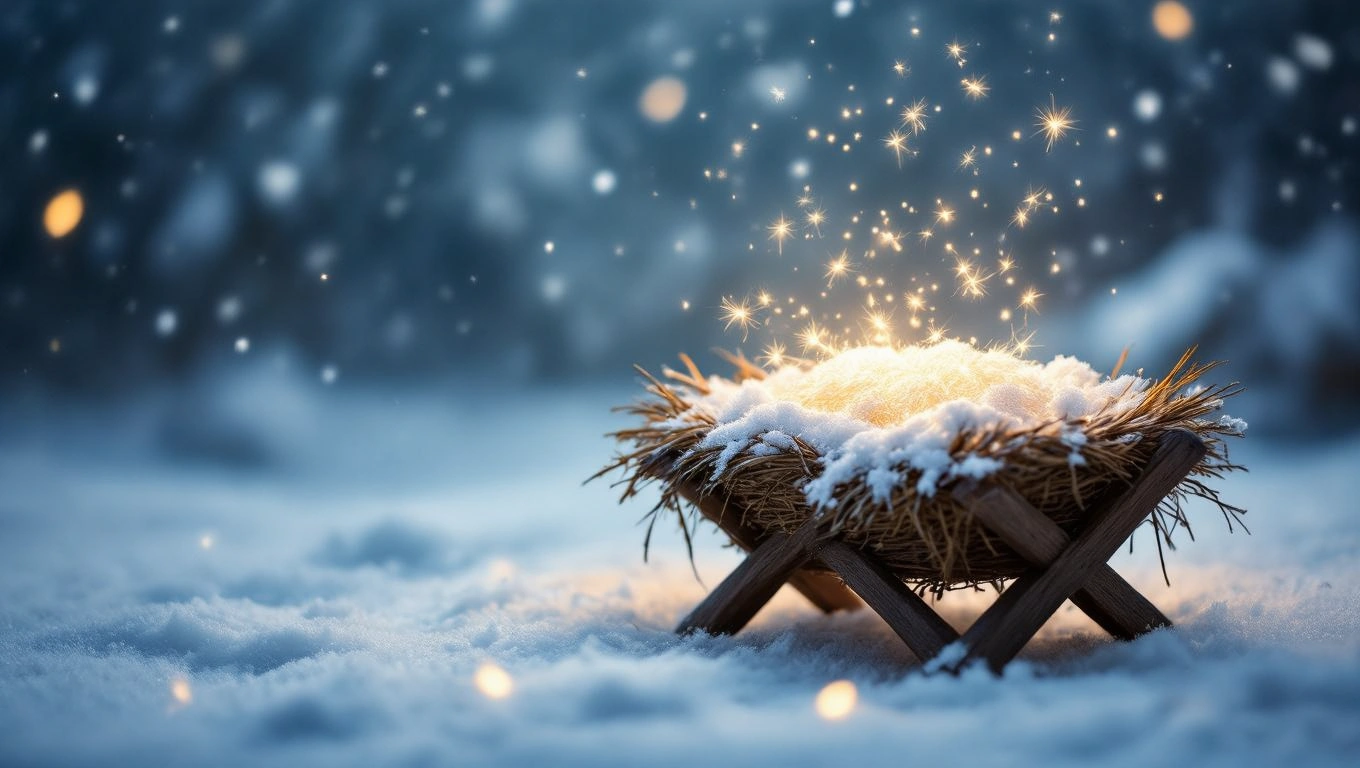 O iesle acoperită cu zăpadă, strălucind sub luminițe, simbolizând începuturi modeste și speranță.
