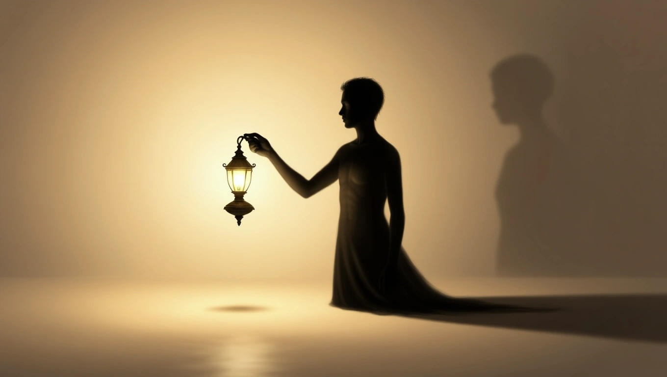 O siluetă umană ținând o lampă strălucitoare, simbolizând iluminarea și revelațiile interioare.