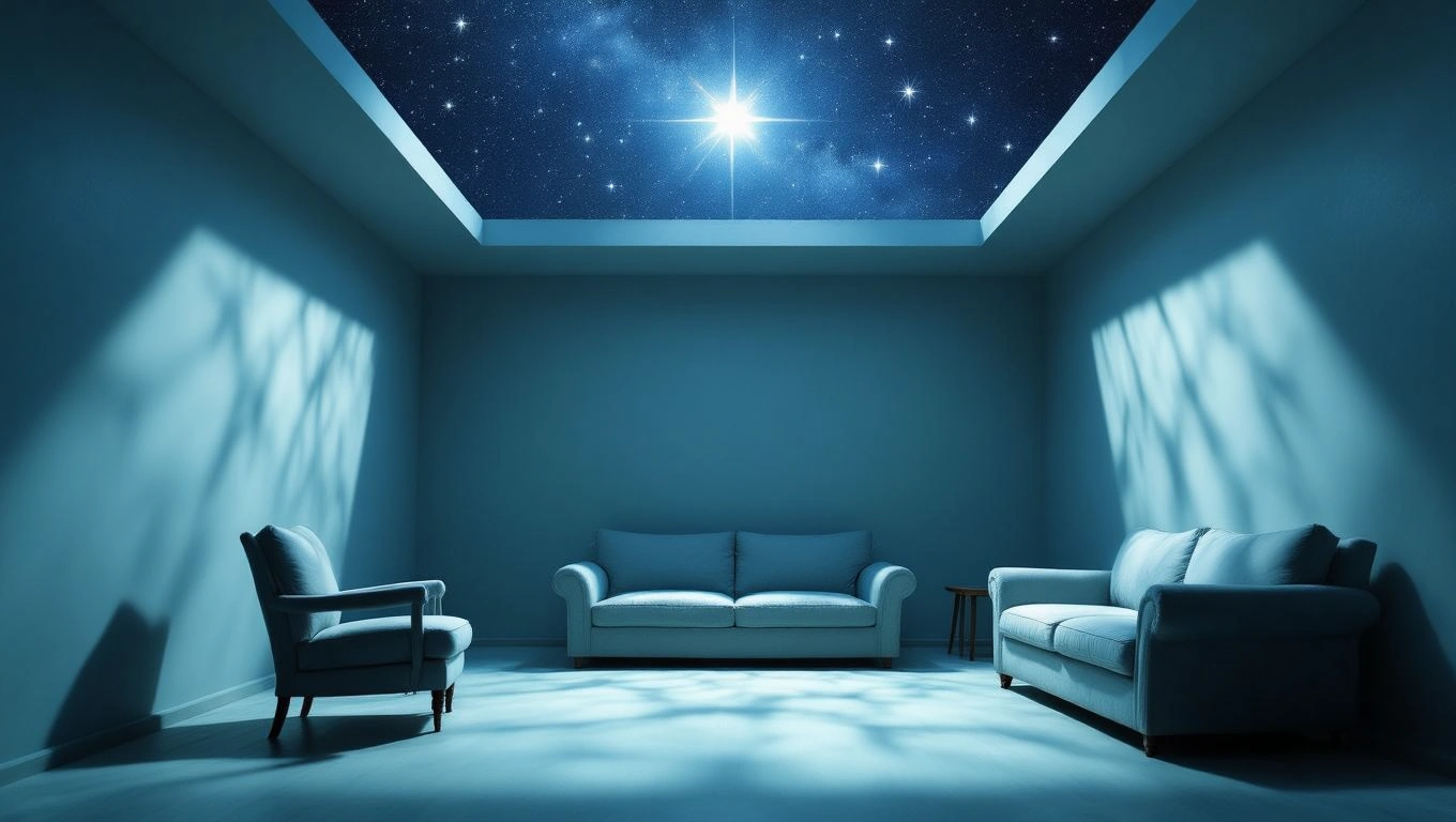 O încăpere luminoasă cu pereți albaștri și un tavan deschis spre cerul înstelat, simbolizând introspecția și visurile.
