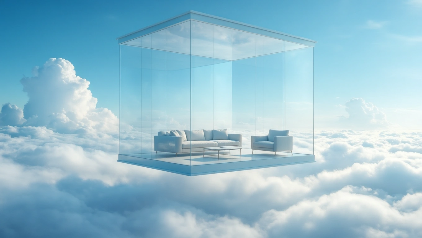 O încăpere modernă din sticlă, suspendată printre nori, simbolizând introspecția și visurile.
