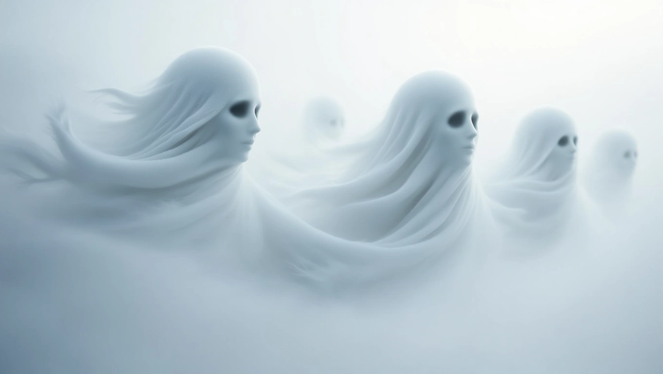 O imagine abstractă cu siluete albe, asemănătoare fantomelor, plutind printr-o ceață albă, evocând o atmosferă de vis și mister.