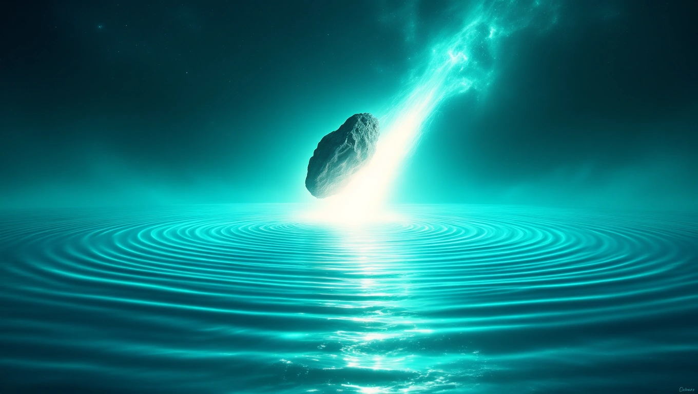 Un asteroid plutind pe un fundal cosmic, generând unde circulare în apă, simbolizând schimbări profunde și revelații.