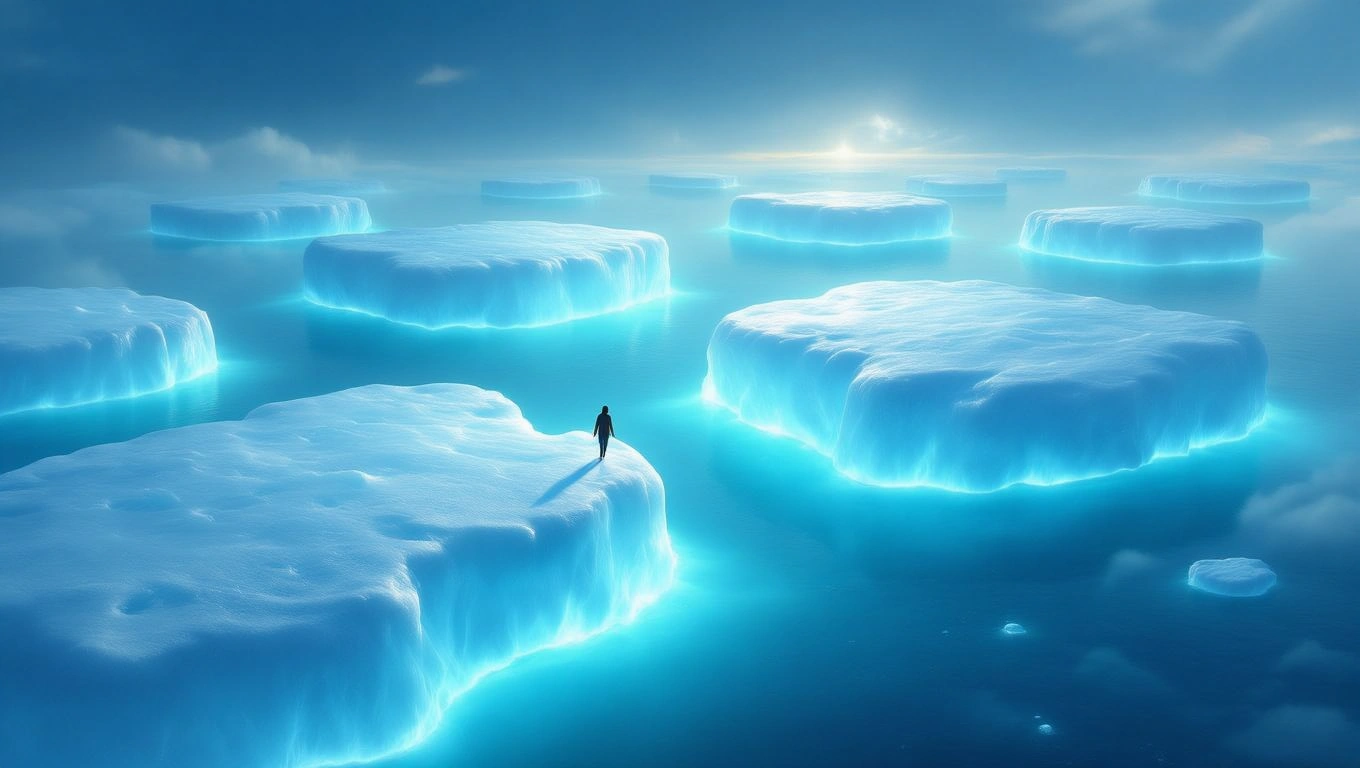 O persoană stă pe o bucată de gheață plutitoare, înconjurată de ape calme și gheață strălucitoare, simbolizând emoții ascunse.