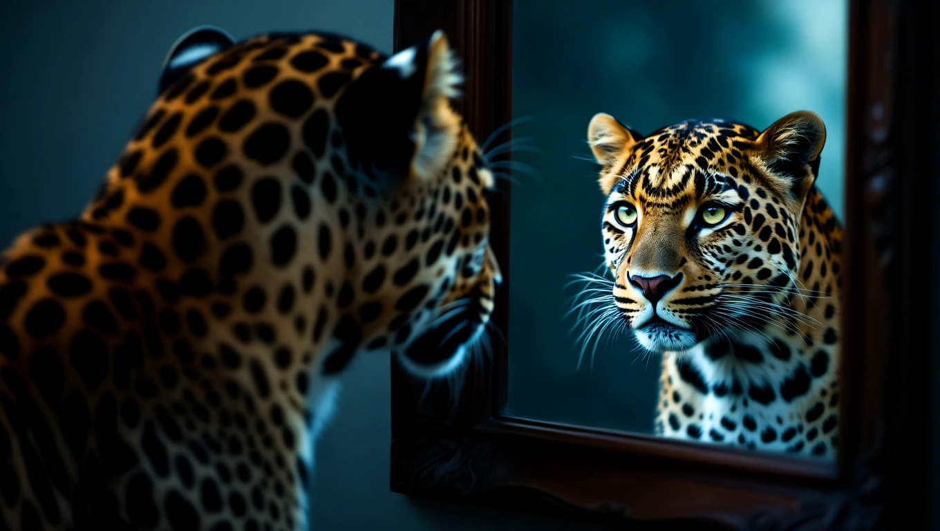 Un leopard cu blană aurie și pete negre se uită în oglindă, reflectându-se cu o privire intensă.