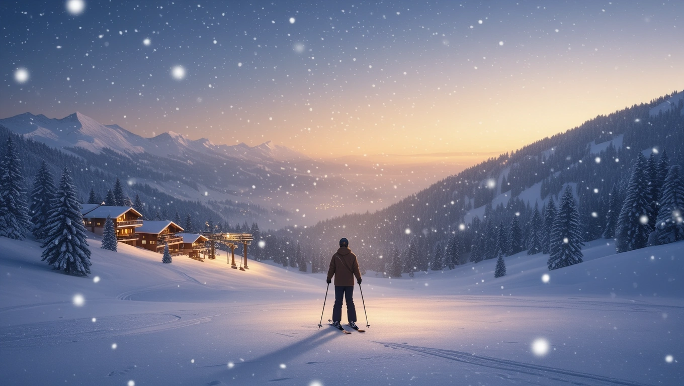 O pârtie de schi acoperită de zăpadă, cu un schior admirând peisajul montan la apus.