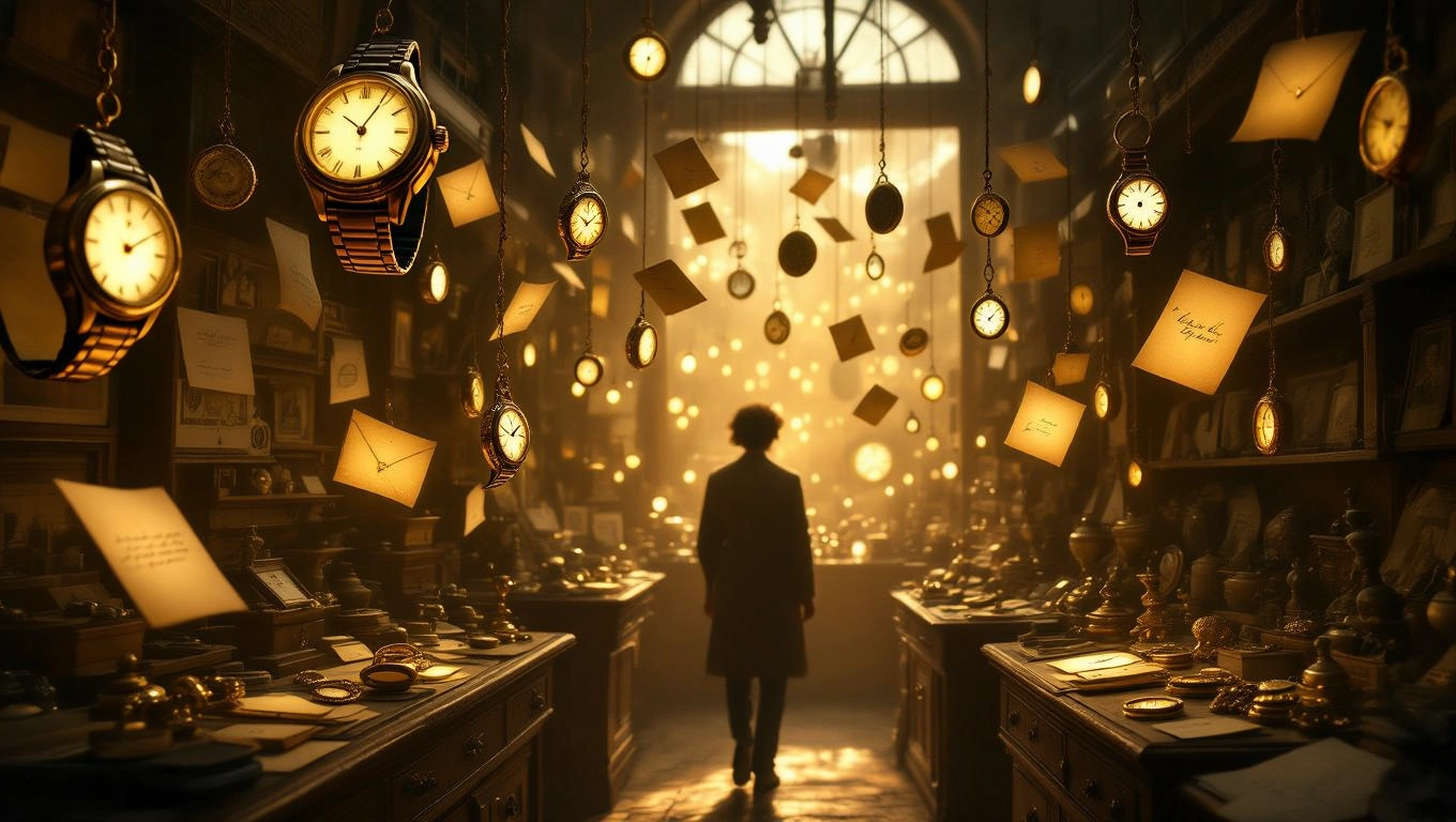 Un bărbat stă într-un amanet plin de ceasuri și scrisori suspendate, simbolizând căutarea valorii în trecut.