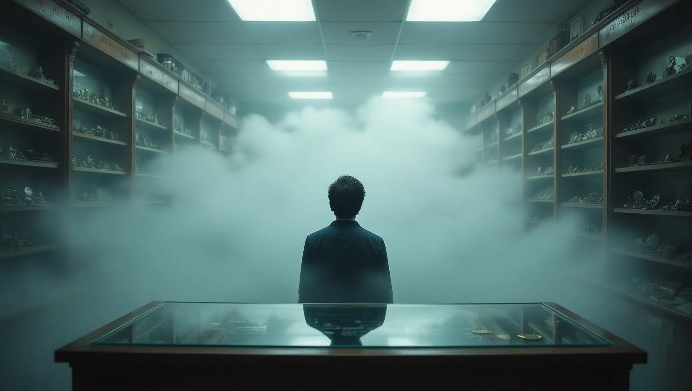 Un bărbat stă în fața unui amanet, înconjurat de ceață și obiecte de valoare.